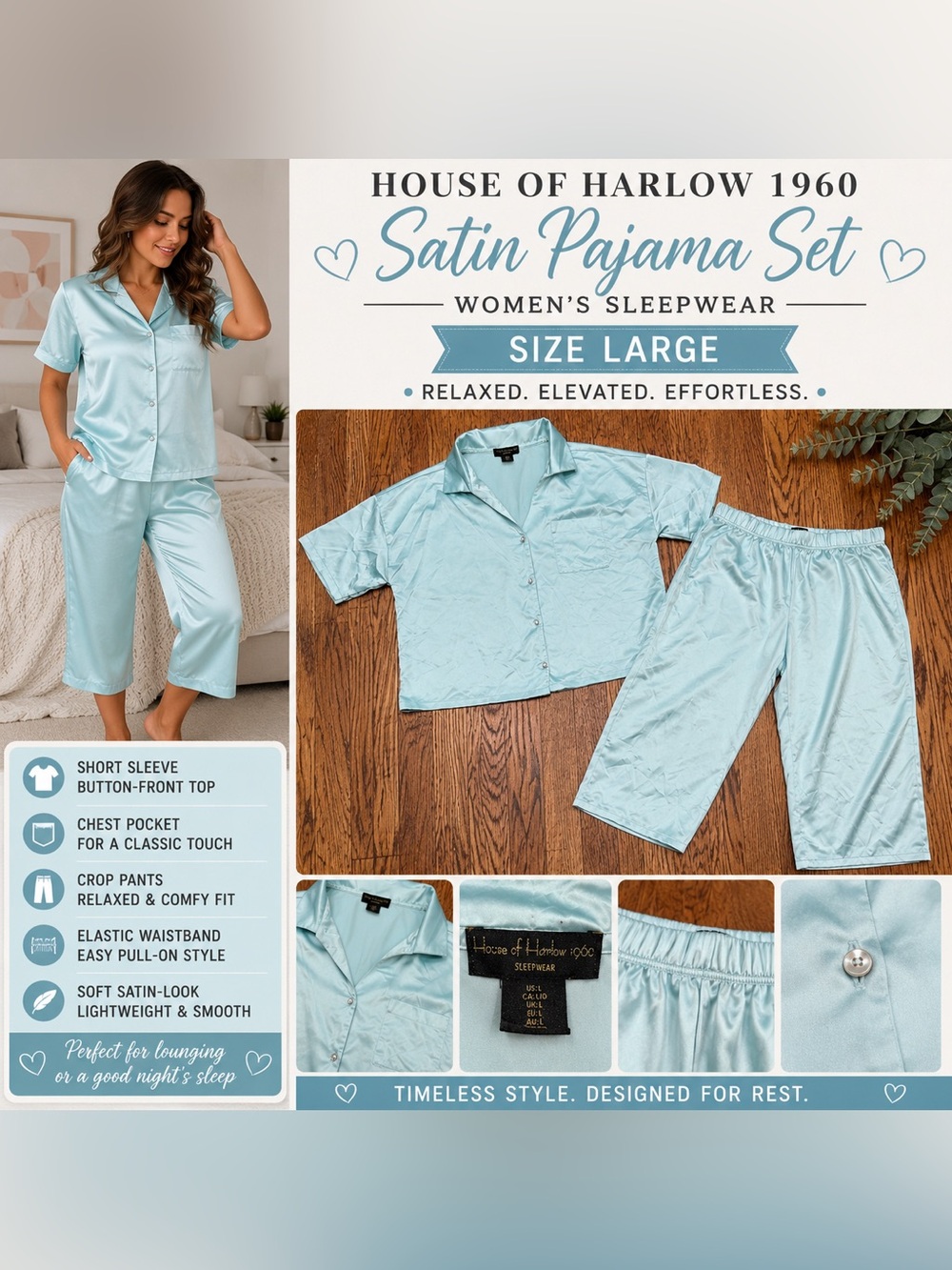House of Harlow 1960 Women’s Satin Pajama Set Light Blue Size Large Loungewear